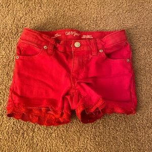 Red jean shorts